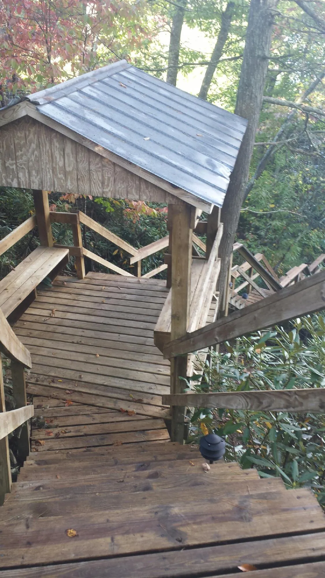 Metal roofed shelter over wooden steps on a wooded walkway — Skylight Repair & Installation work by our crew in Blountsville